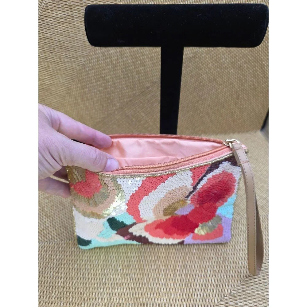 LULU Floral Sequin Clutch Wristlet With Peach Satin Lining & Zipper‎ Closure